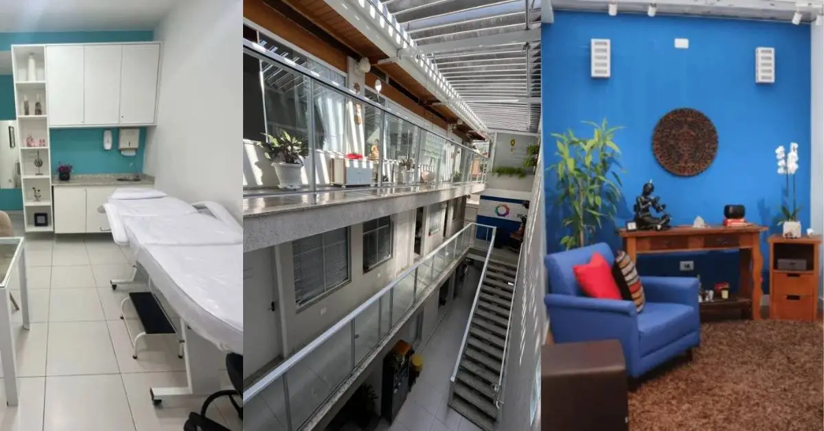 Vista interna da clínica Saúde Integrada em São Bernardo do Campo, mostrando consultórios em modelo flexível e design moderno.