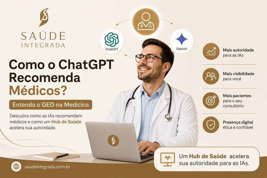 Médico utilizando inteligência artificial para aumentar sua autoridade digital. Ilustração sobre GEO na Medicina mostrando como ChatGPT e Gemini recomendam médicos e como um Hub de Saúde ajuda a atrair pacientes.