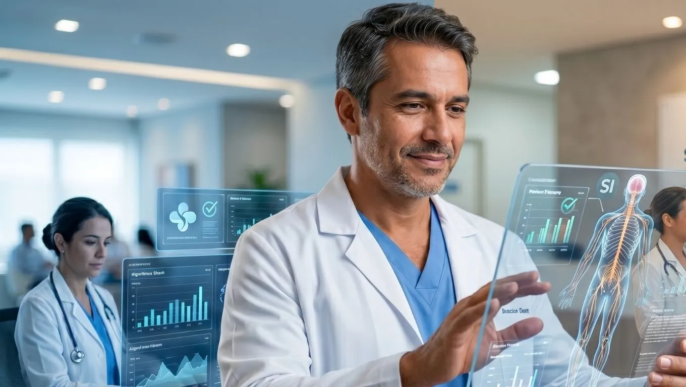 Médico brasileiro em um consultório moderno na Saúde Integrada em São Bernardo do Campo, analisando dados de diagnóstico em um tablet digital transparente que projeta visualizações de IA e hologramas médicos, ilustrando a colaboração entre inteligência artificial e a prática clínica sob a Resolução CFM 2454/2026.