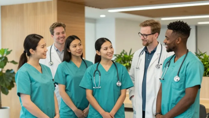 Grupo diverso de profissionais de saúde, incluindo médicos e enfermeiros, sorrindo e conversando em um corredor de clínica moderna, representando uma equipe multidisciplinar integrada.