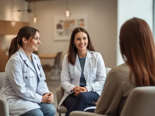 Dois profissionais de saúde conversando de forma acolhedora com um paciente em um consultório moderno, representando a medicina integrativa baseada em evidências. Logotipo da Saúde Integrada no canto.