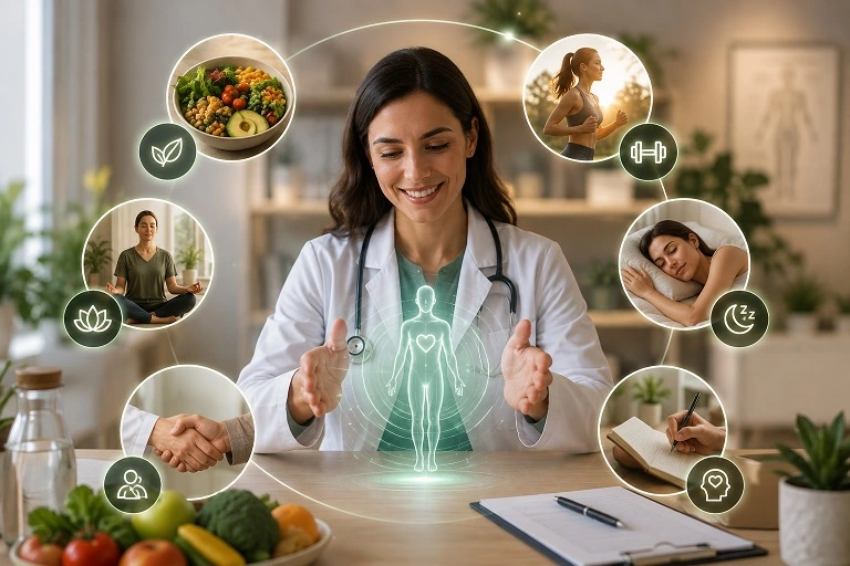 Médica orientando paciente sobre Medicina do Estilo de Vida, com elementos que representam alimentação saudável, atividade física, sono, meditação, saúde mental e mudança de comportamento para prevenção de doenças e longevidade.