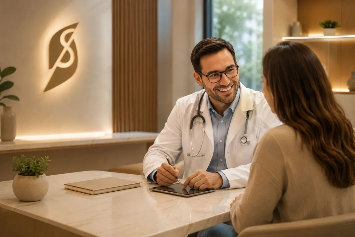 Médico conversando com paciente em consultório moderno, representando a Saúde Baseada em Valor (VBHC), com foco em desfechos clínicos, atendimento humanizado, experiência do paciente e qualidade na assistência à saúde.