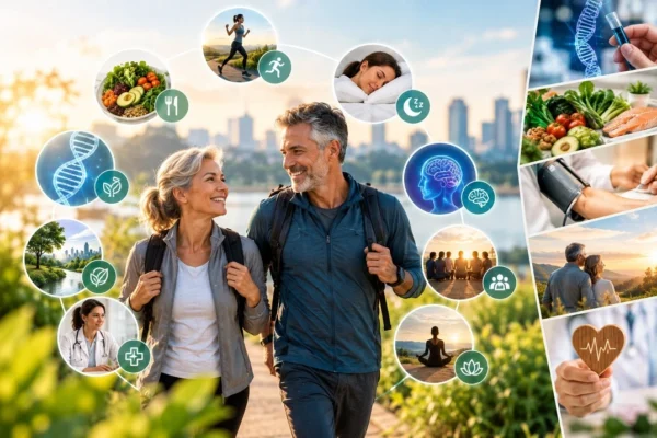Casal maduro caminhando ao ar livre, representando longevidade saudável com atividade física, alimentação equilibrada, sono, saúde mental, cognição, prevenção e acompanhamento médico para preservar autonomia e funcionalidade.