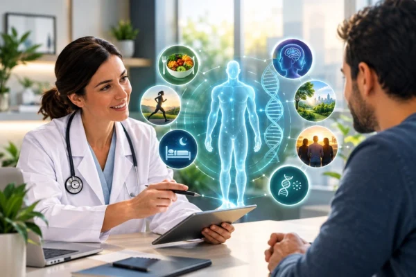 Médica conversando com paciente em consulta personalizada, com representação digital do corpo humano, DNA, genética, alimentação, atividade física, sono e ambiente, ilustrando a medicina de precisão e o cuidado individualizado em saúde.