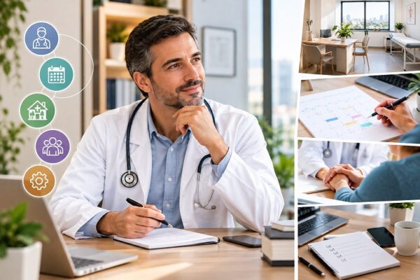 Profissional médico em ambiente moderno de consultório, representando a estrutura da Saúde Integrada para atendimento, gestão e experiência acolhedora de pacientes e profissionais da saúde.